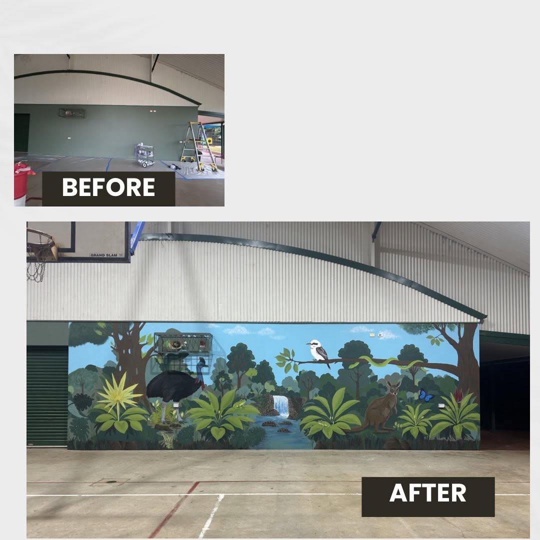 Before and after of an Australian wildlife mural project