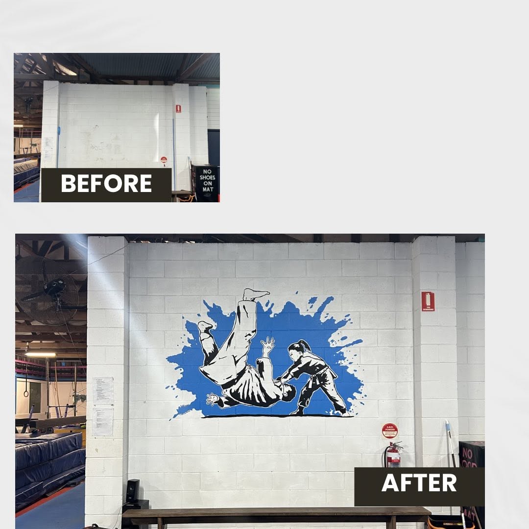 Before and after of a blue and black sport mural project