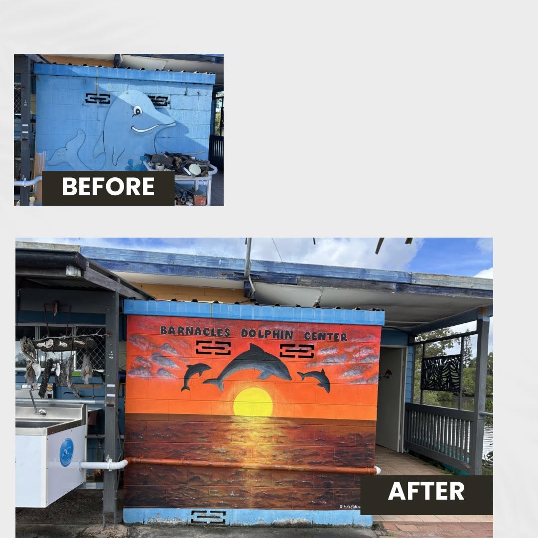 Before and after of a dolphin centre mural