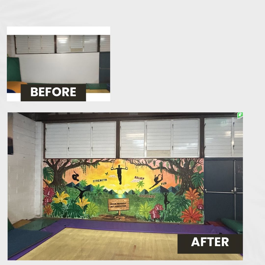 Before and after of a colourful jungle and sport mural